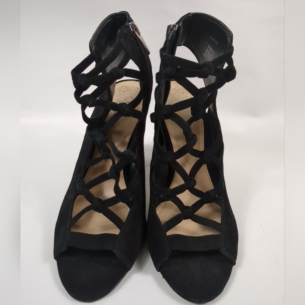 Vince Camuto Women Stesha Black True Suede Sandal Heeled Shoes Size 8.5M